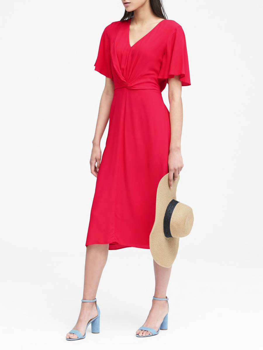 banana republic twist front midi dress Women's Linen-Blend Strappy Twist-Front Midi Dress Biscuit Brown Regular Size S