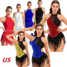 Womens Sparkle Tassel Leotard Dress Latin Jazz Dance Costume Ballroom Unitard