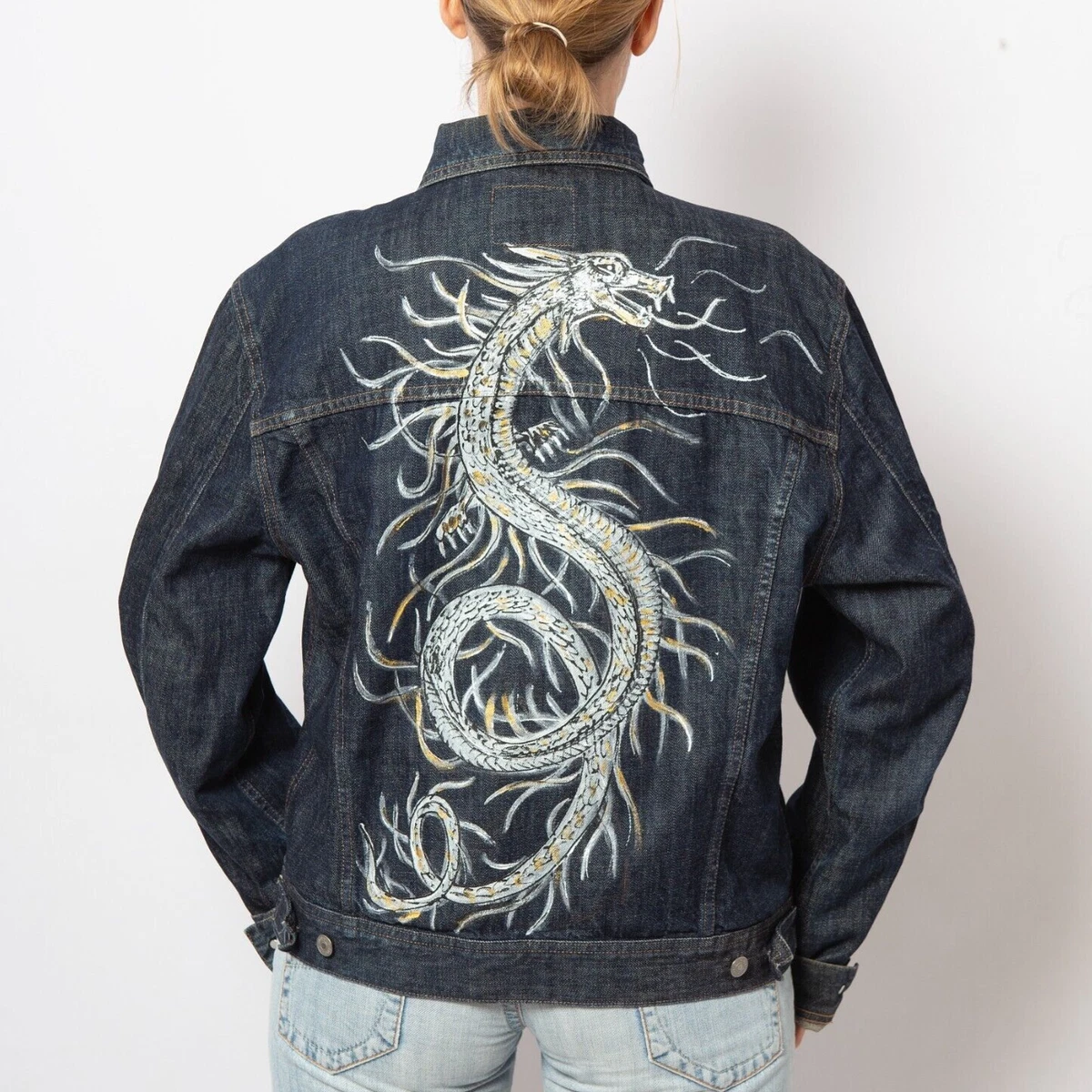 Dragon Print Hand Painted Denim Jacket Upcycled Mens Denim Jacket XL