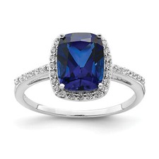 Silver Created Blue Sapphire and CZ Ring QR7053