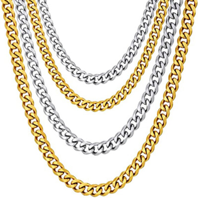 5/7MM 16-36'' Silver/Gold Plated Curb Cuban Link Chain Necklace Stainless Steel