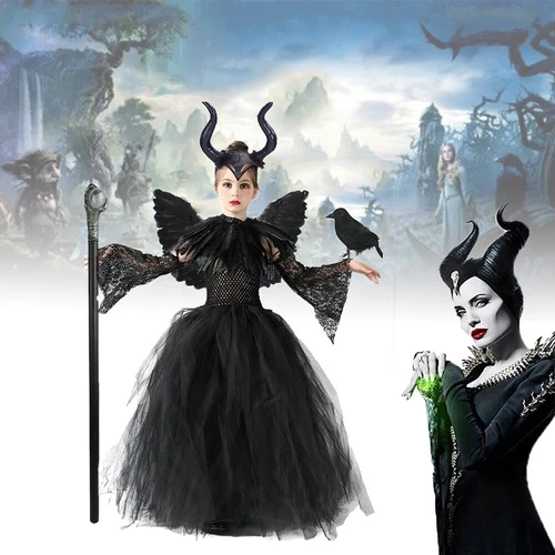 Kids Girls Maleficent Cosplay Costume 7Pcs Halloween Witch Fancy Dress Book Week - Bild 4 von 26