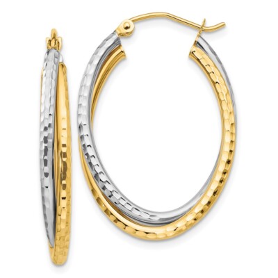 Real 14kt Two-tone Diamond-cut Polished Oval Hoop Earring