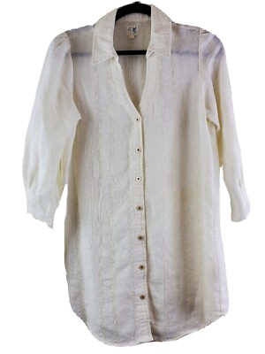 Edme & Esyllte Top Women 6 White Linen Blend /4 Sleeve Button-Up Tunic Small