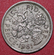 Great Britain 1961 6 Pence, Leek Rose Thistle and Shamrock-Foreign Coin 19.5mm
