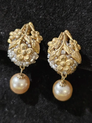 Miriam Haskell Signed Vintage Baroque Pearl 3 Layers Dangle Gold Floral Earrings