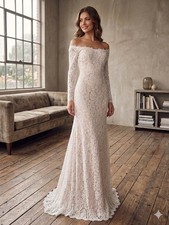 Lulus Ivory Lace Off-Shoulder Long Sleeve Mermaid Wedding Dress Size S