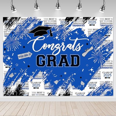 8x6ft Graduation Backdrop, Class of 2025, Blue, Silver, Congrats Grad, Party