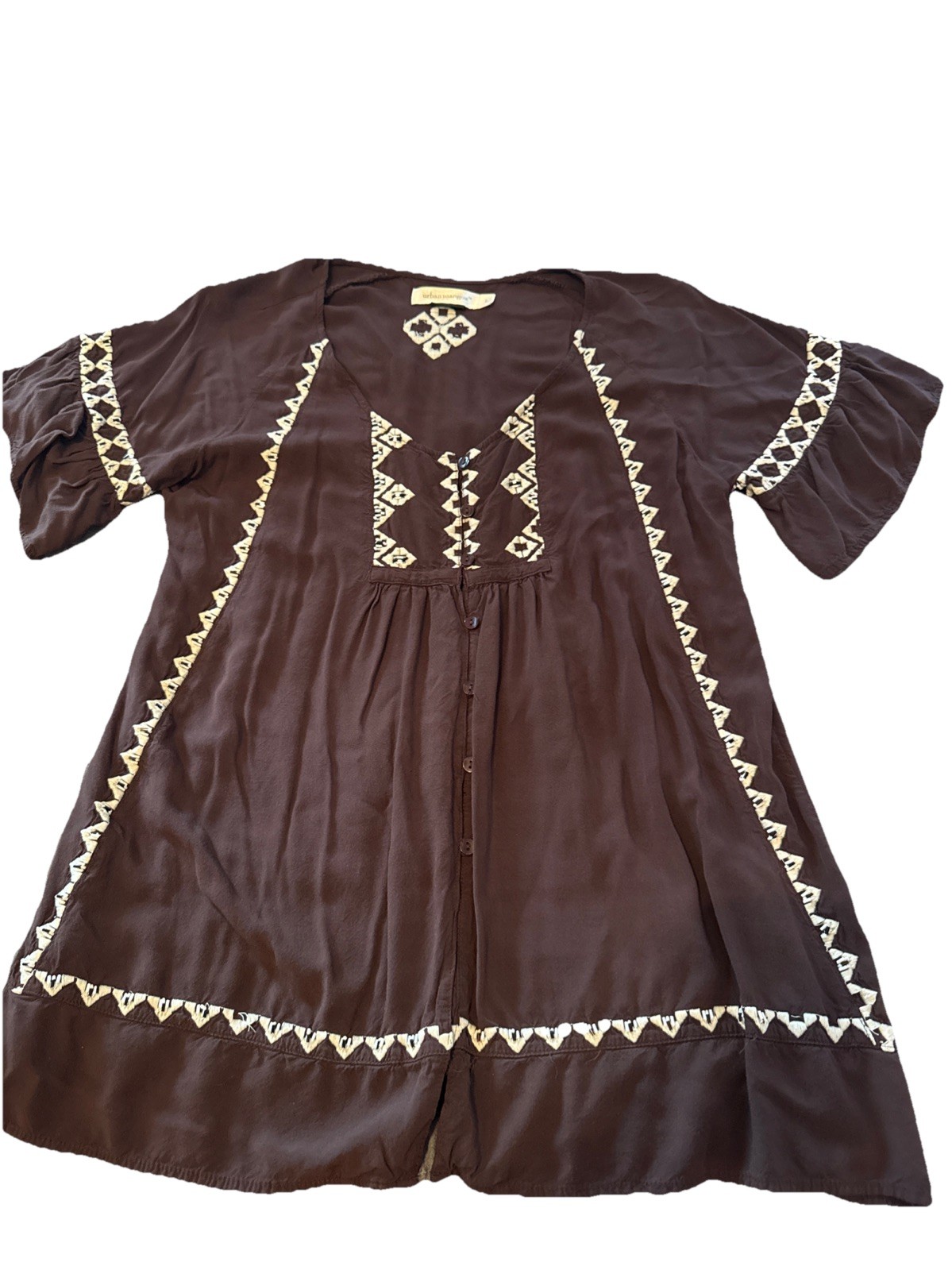 Urban Mango Boho Embroidered Tie Front Tunic Top Brown Size L Beaded, Feminine