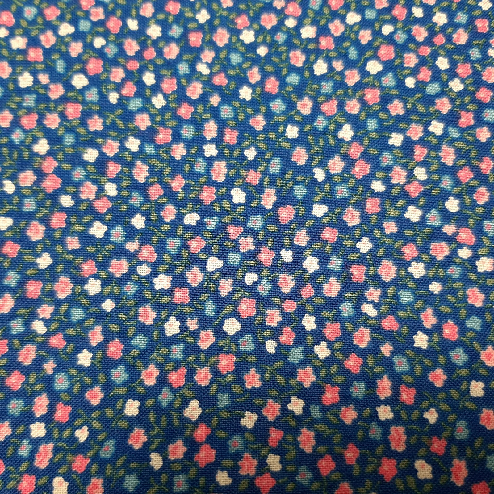 Small Print Pink Flowers on Dark Blue Peter Pan Calico Cotton Fabric 1 1/8 Yards