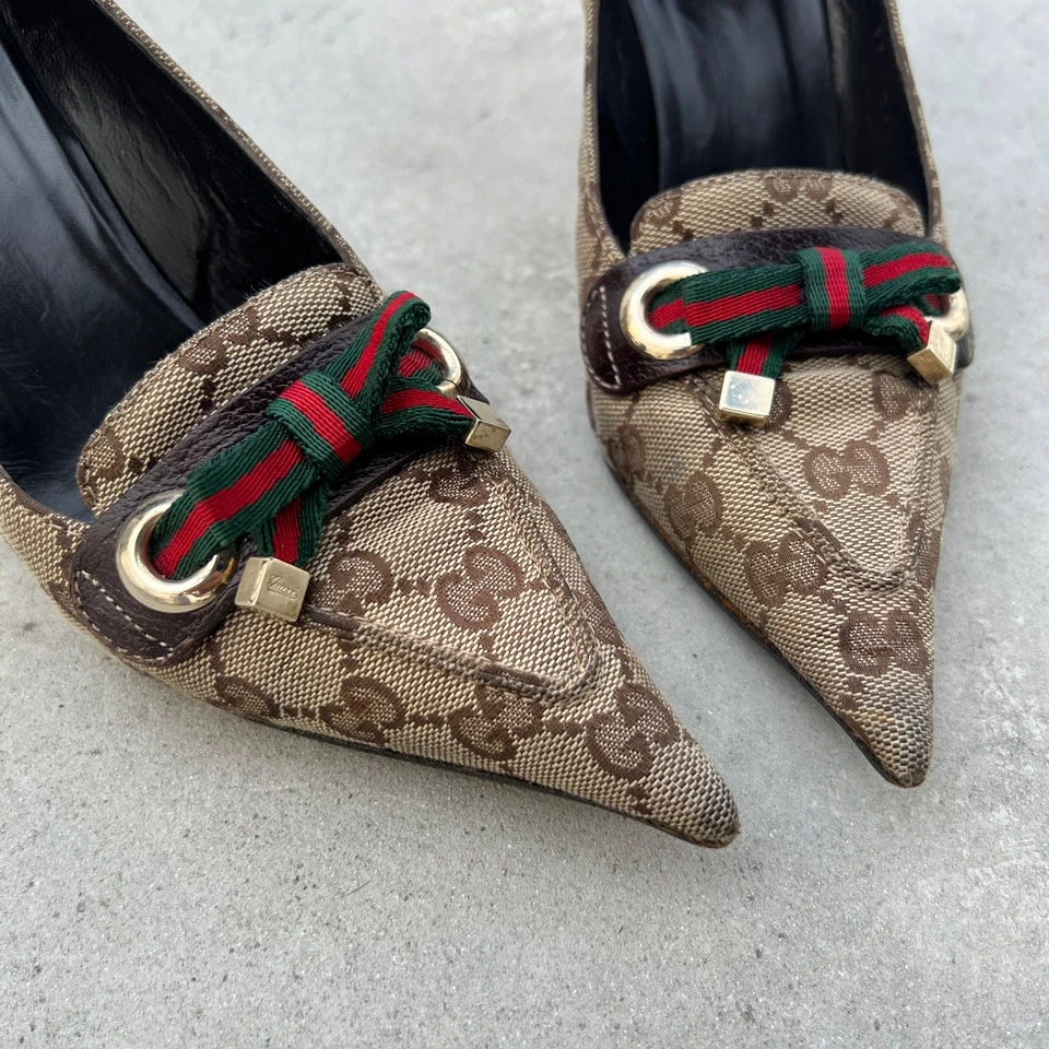 Gucci | Authentic Vintage GG Monogram Canvas Leather Pointed Toe Ribbon Pump(37) - Image 4 of 4