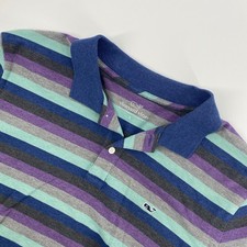 Vineyard Vines Polo Mens Large Purple Blue Teal Striped Pique Shirt Preppy Golf
