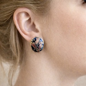 Authentic 22ct Gold Plated Cloisonne Enamel Stud Earrings by FISH Red Black Gold Tulips