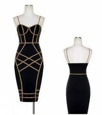 Summer Black Gold Fitted Bodycon Midi Dress Stretch NEW Party Sexy Cocktail M