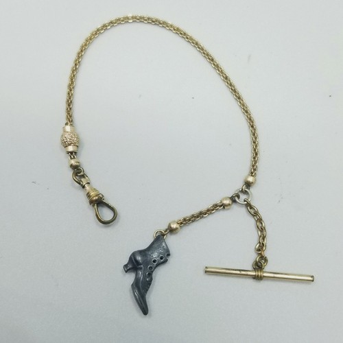 Antica catena per orologio da tasca con ciondolo porta stivaletto barra a T oro pieno lunga 9 pollici - Foto 2 di 8