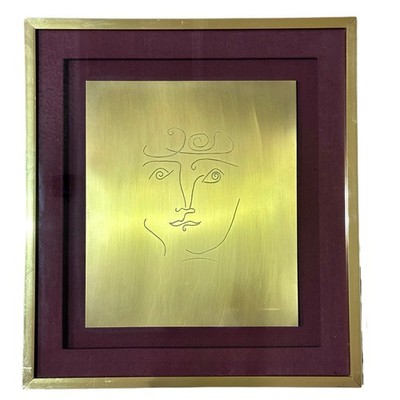 Vintage Harris G Strong Brass Face Etching Framed Mid Century Modern Wall Art