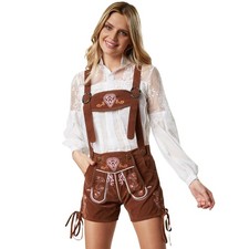 Damen Trachten Lederhose mit Träger Trachten Hose Oktoberfest Wiesen kurz braun