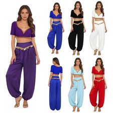 Women Belly Dance Outfit Gold Trim Crop Top and Sequin Tassel Long Pants Outfits