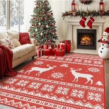 Bavani Area Rug 5'x7' Holiday Christmas Red Area Rug Snowflake Reindeer