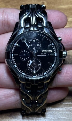 VTG Seiko Solar Chronograph Watch BLACK DIAL Needs Battery V172-0AK0
