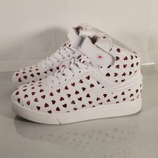 Fila Vulc Girls Size 4 Womens Size 5.5 Mid top Lace Up Sneaker white red hearts