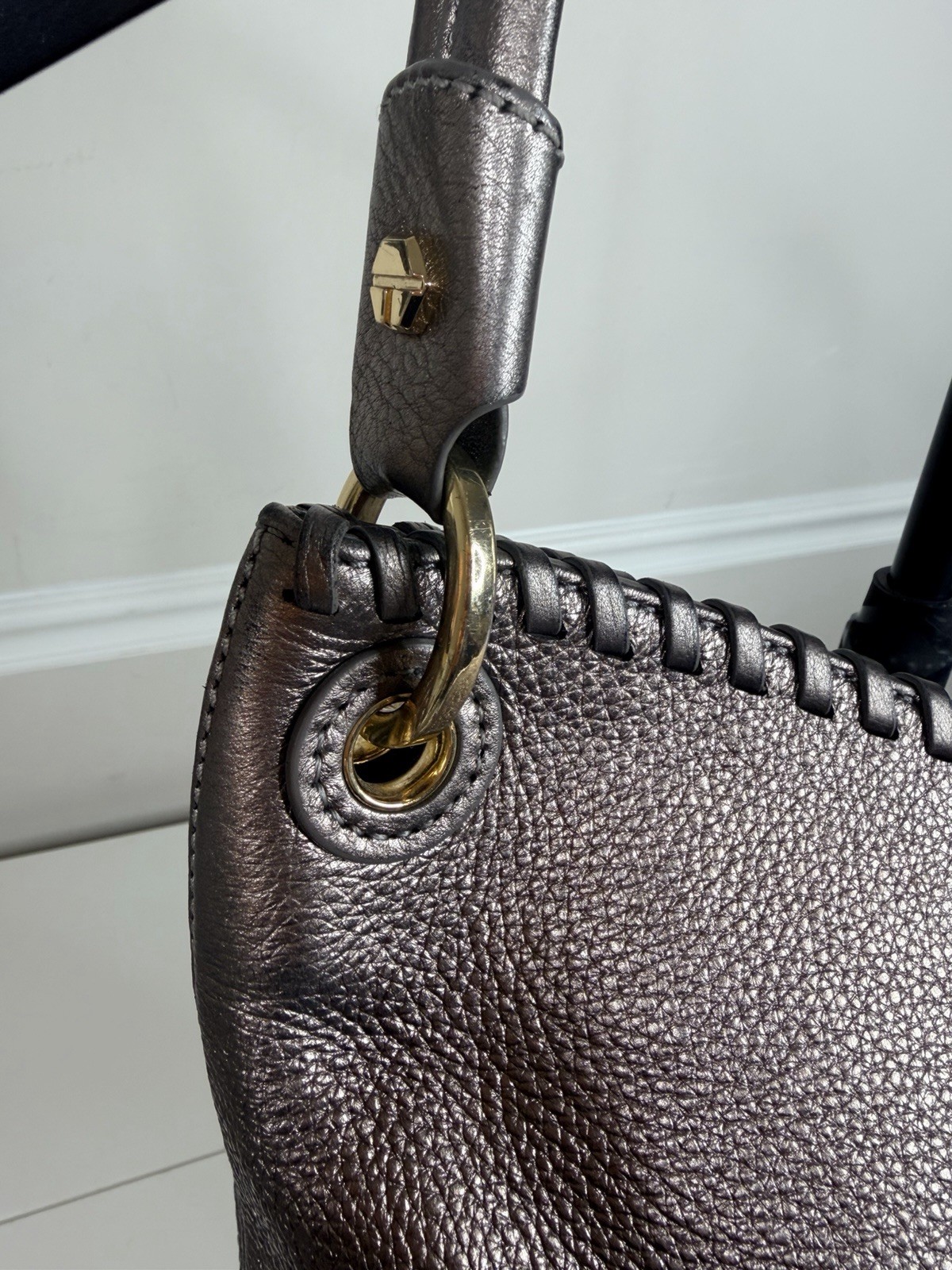 Tory Burch designer Marion HOBO shoulder purse handbag Silver Metallic Gray thumbnail 5