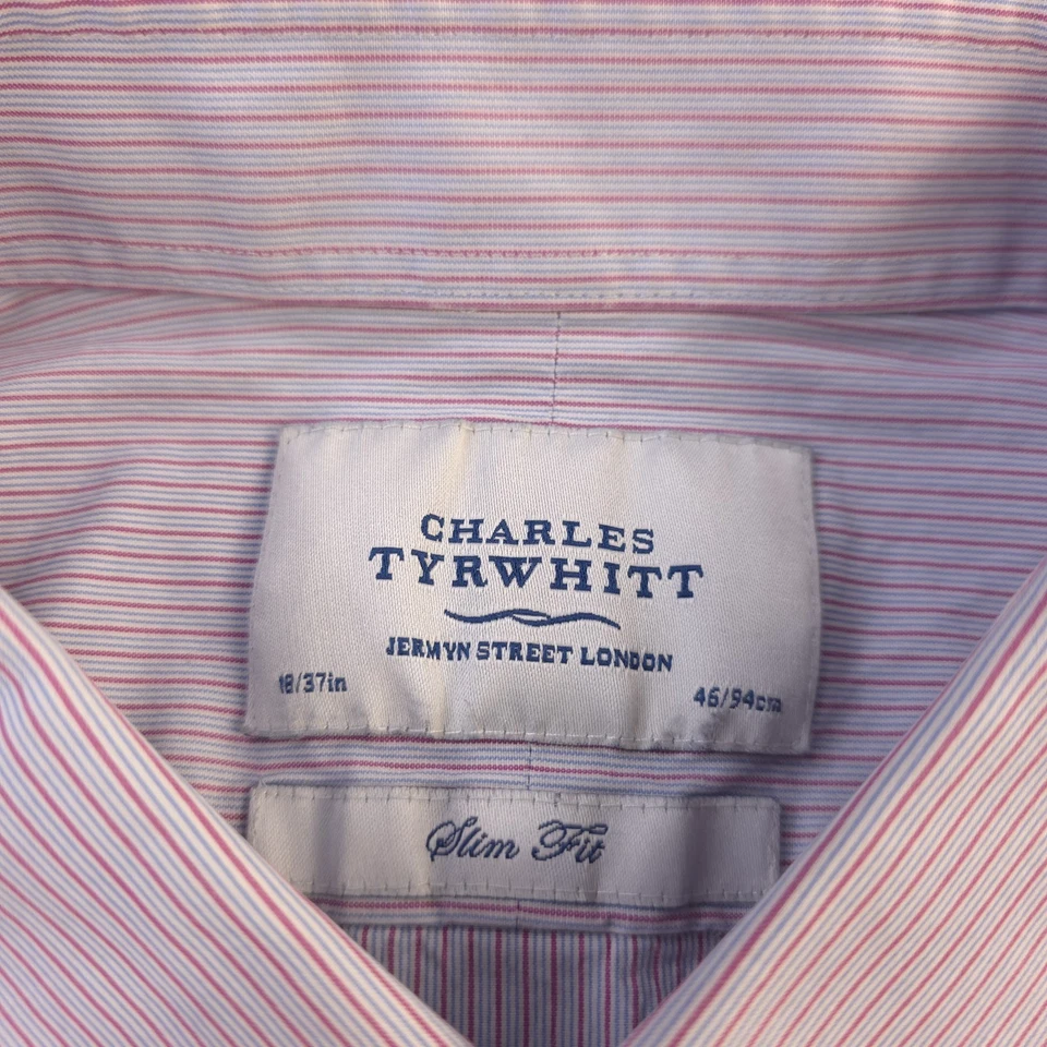 Charles Tyrwhitt Dress Shirt 18 37 Slim Fit Red Blue Vertical Striped SS - Image 4 of 4
