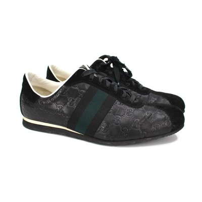 GUCCI Black Guccissima Leather Green Web Casual Sneakers 10 D Suede Lace-Up Shoe