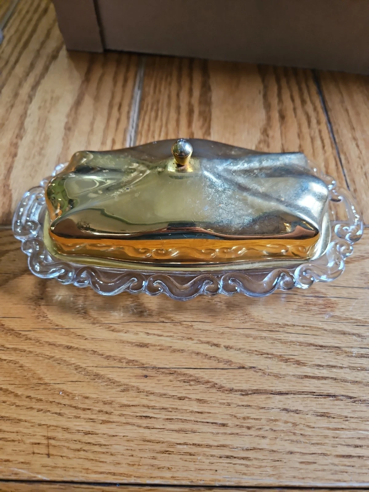 VINTAGE Glass Butter Dish with GoldPlated Metal Top Cover