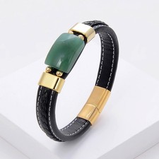 Women Natural Stone Bracelet Black Braided Leather Cord Charm