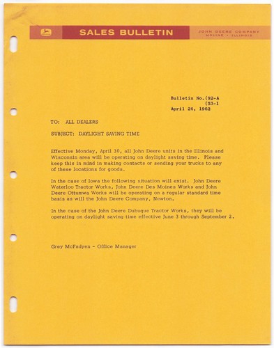 Vintage 1962 John Deere Sales Bulletin Dealership Memo - DAYLIGHT SAVING TIME
