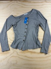 New Cupshe Sweater Large Gray Off Shoulder Button Ribbed Top