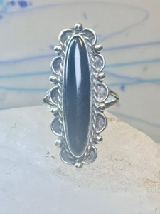 Long Navajo ring onyx signed KP scalloped edges size 9 sterling silver women