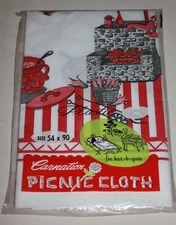 Vintage Carnation Plastic paper Picnic Cloth Tablecloth 54 x 90 red & white MCM