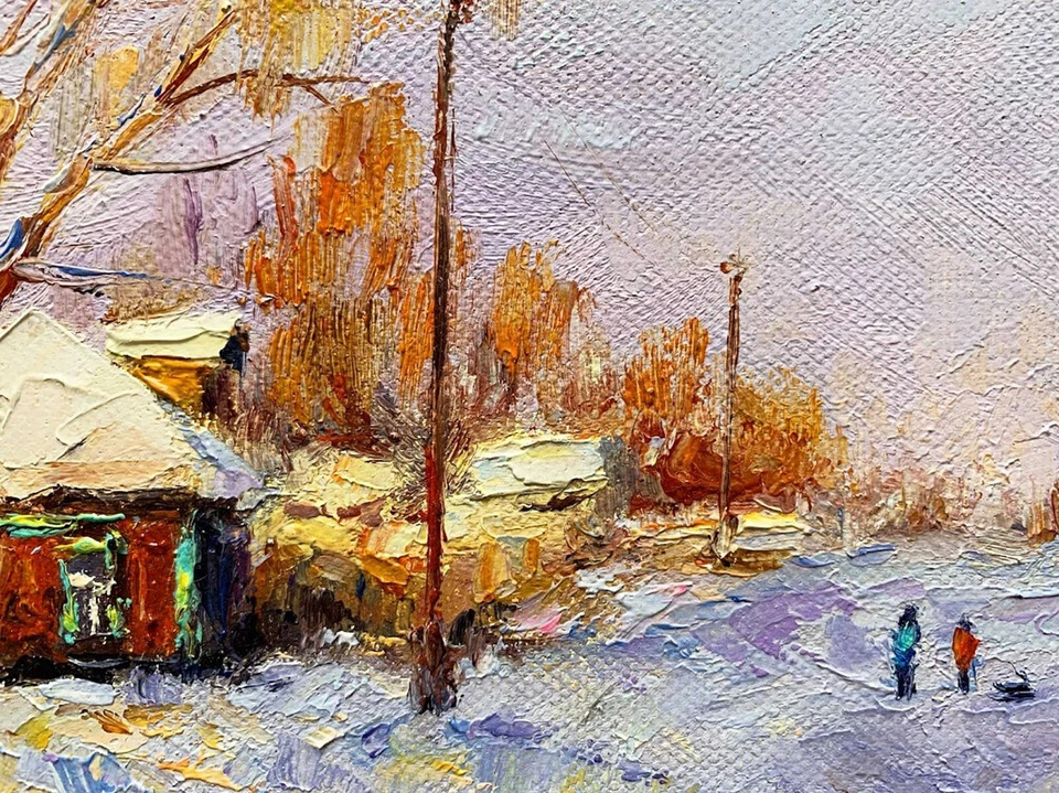 original oil painting snow art winter village Landscape on canvas 8x12 inches Foto 4 de 4