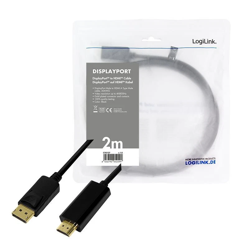 2m DisplayPort auf HDMI Kabel High Speed HD Adapterkabel UHD 4K/30Hz schwarz - Bild 4 von 4