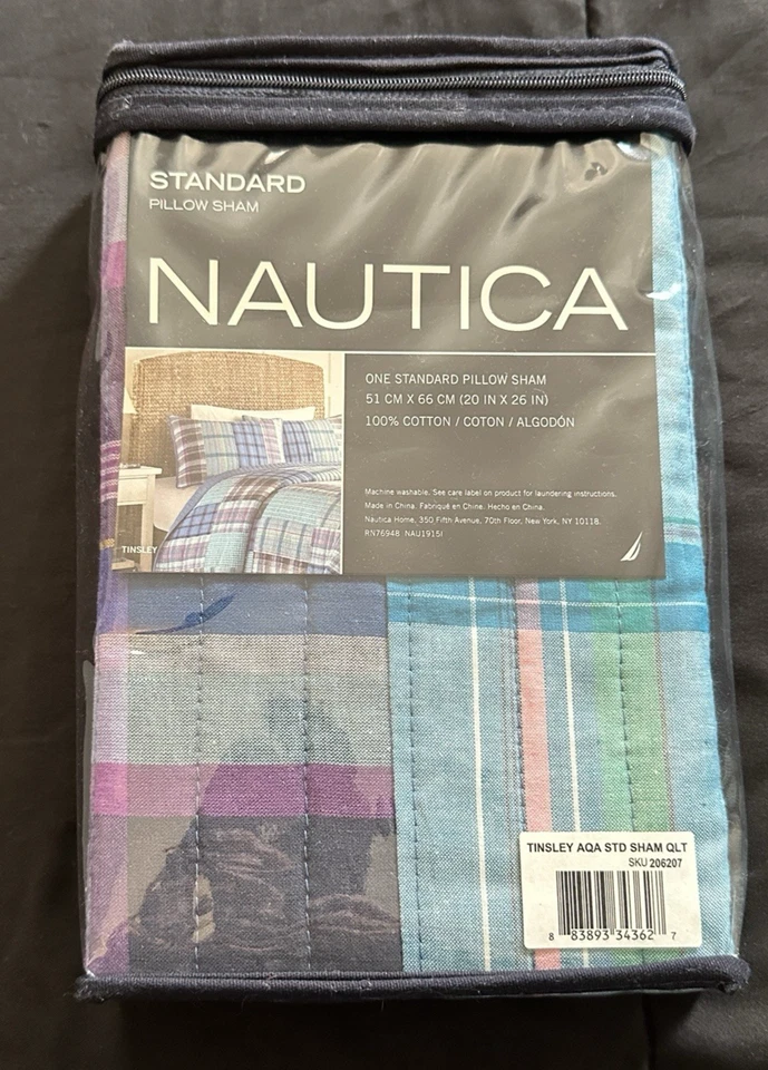 Nautica Стандартная Подушка Sham Tinsley Aqua Хлопок Один Разноцветный Пэчворк Новый в коробке!!! - Изображение 3 из 4
