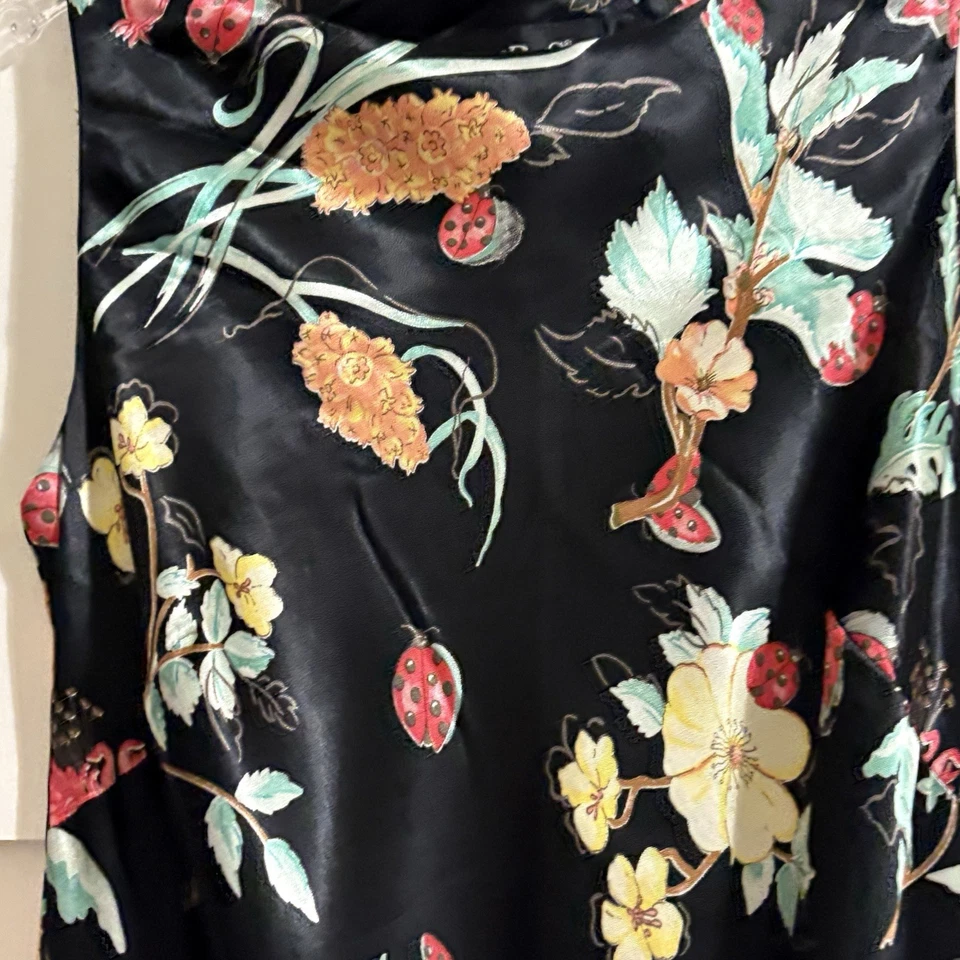 Винтажный 90-х ABS Allen Schwartz женщин черный атлас леди жуки цветочный платье Sz 10 - Изображение 4 из 4