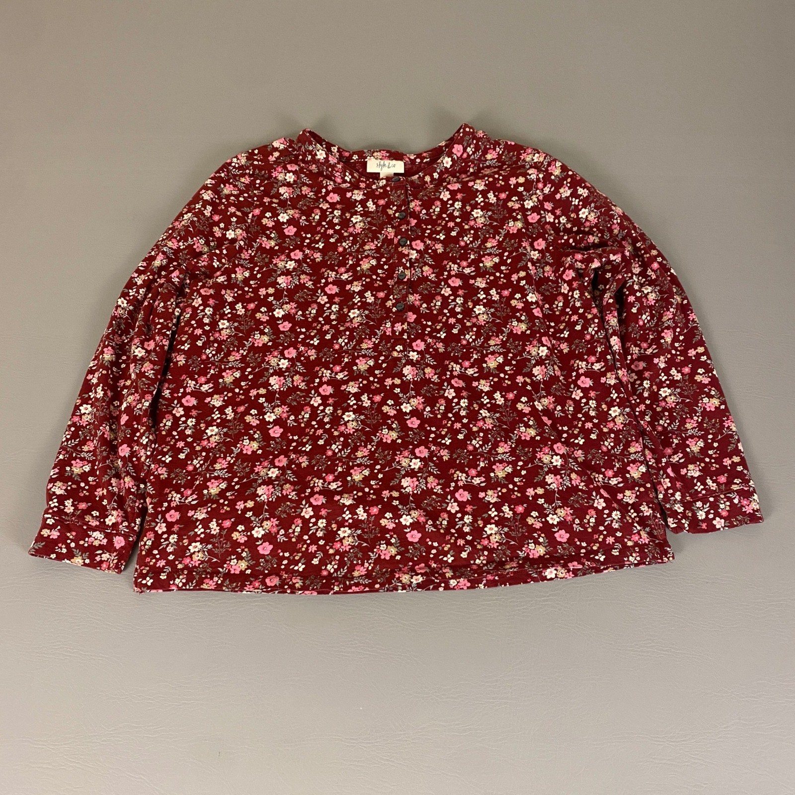 Style & Co Tunic Top Blouse Women's Plus Size 1X Floral Long Sleeve Burgundy