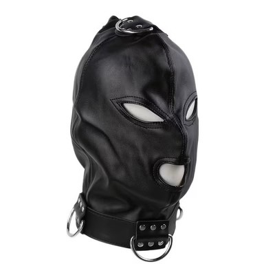 BLACK LEATHER LACE BACK TIE HOOD WITH EYES/MOUTH BREATH CONTROL UNISEX new gay