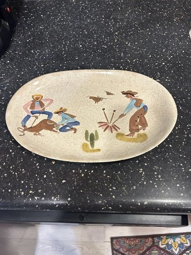 Red Wing Pottery Cowboy Round Up 12 Inch Oval Serving Plate hand-painted