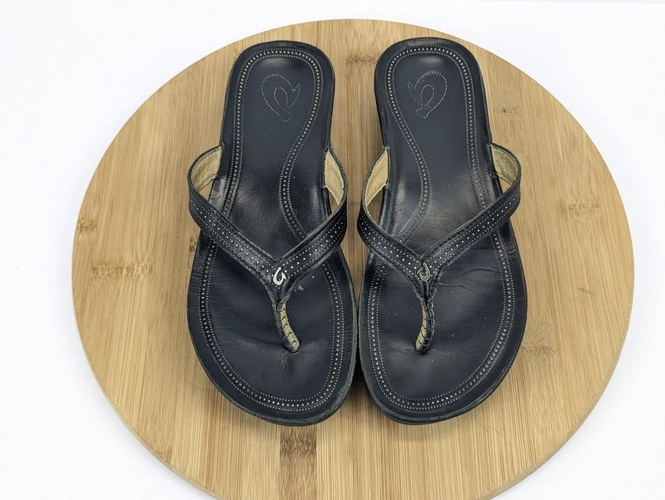 Olukai Sandals Ola Womans 7 Wedge Leather Black Logo Slip On Beach Outdoor Arch - Image 2 of 4