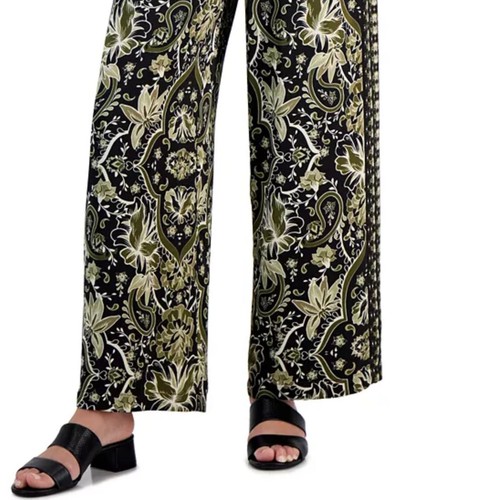 JM Collection Women's Medallion Melody Wide-Leg Satin Pants – Deep Black Combo - Picture 3 of 4