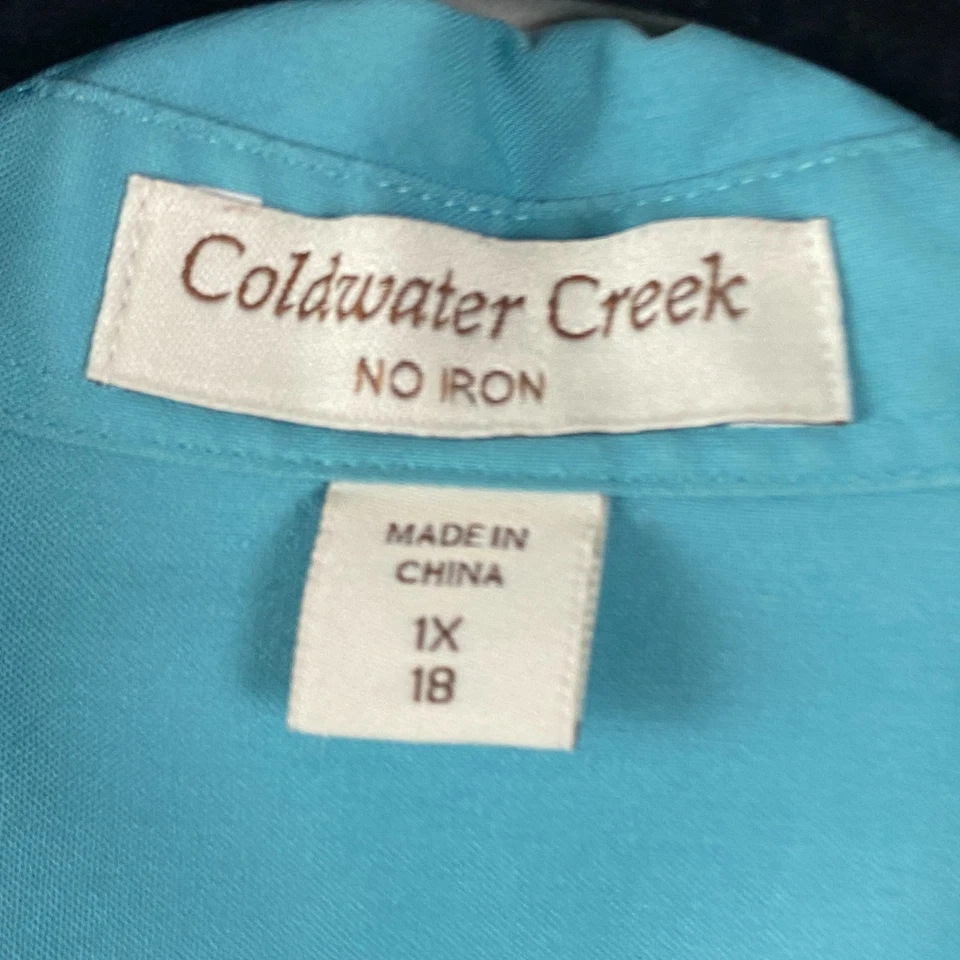 Camisa Coldwater Creek sem botão de ferro tamanho 1X dragonas azul água manga longa - Imagem 4 de 4