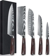 5PCS Kitchen Knives Set Stainless Steel Japanese Damascus Chef's Knife Cleaver