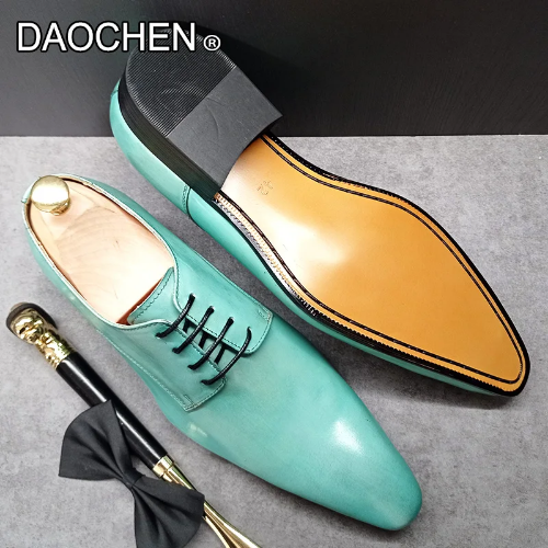 SAOLA Men's Pu Leather Shoes Light Green Lace up Pointed Dress Office Business Shoes