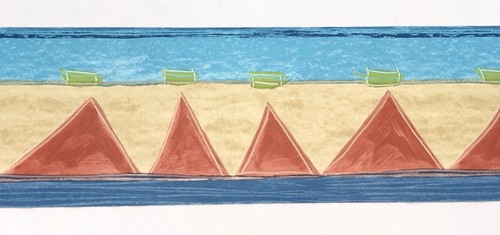 Retro Wallpaper Border Geometric Stripe Blue Tan Red Triangle Encore Beach 5” - Picture 2 of 5