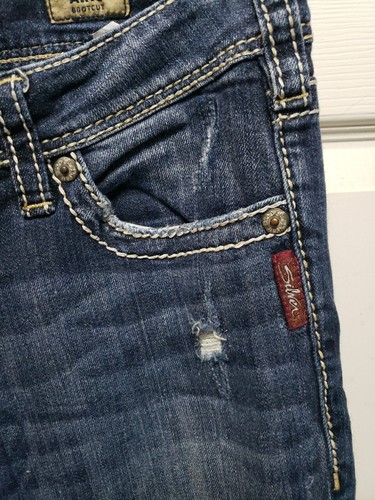 Women Silver Jeans Size 29 X 33 Blue Aiko Boot Cut Low Cut Lots Of Stitching - Picture 15 of 18