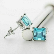 2Ct Asscher Cut Lab Created Aquamarine Stud Earrings 14K White Gold Plated