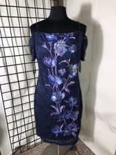NWT GUESS Navy Floral Embroidered Knee Lace Bodycon Dress Size 16